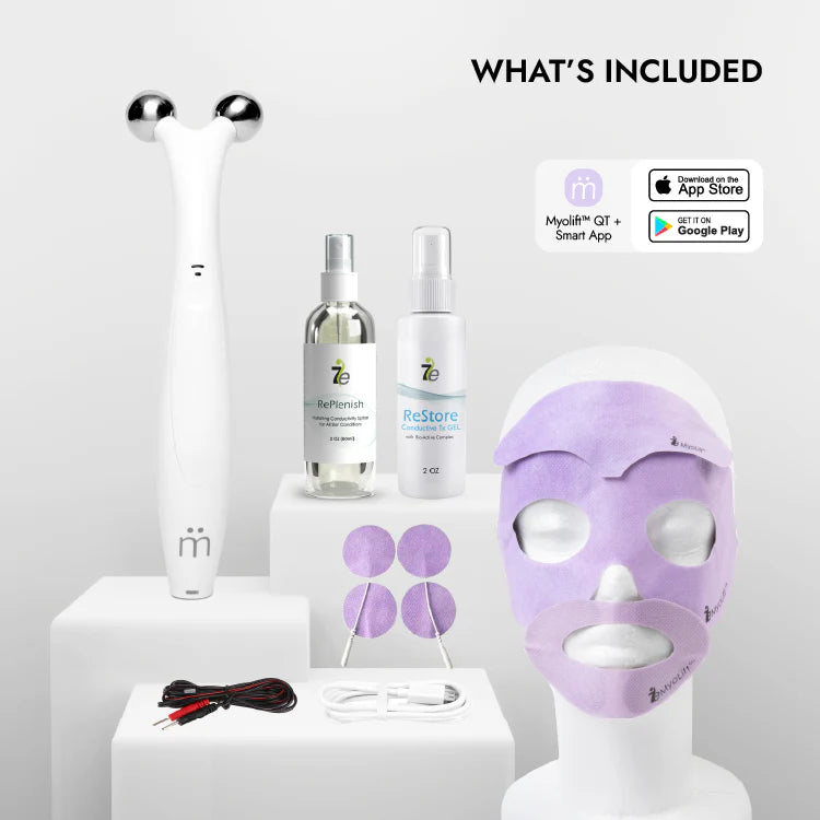 Skincare products including bottles, a face mask, and a MyoLift QT device on a white background.